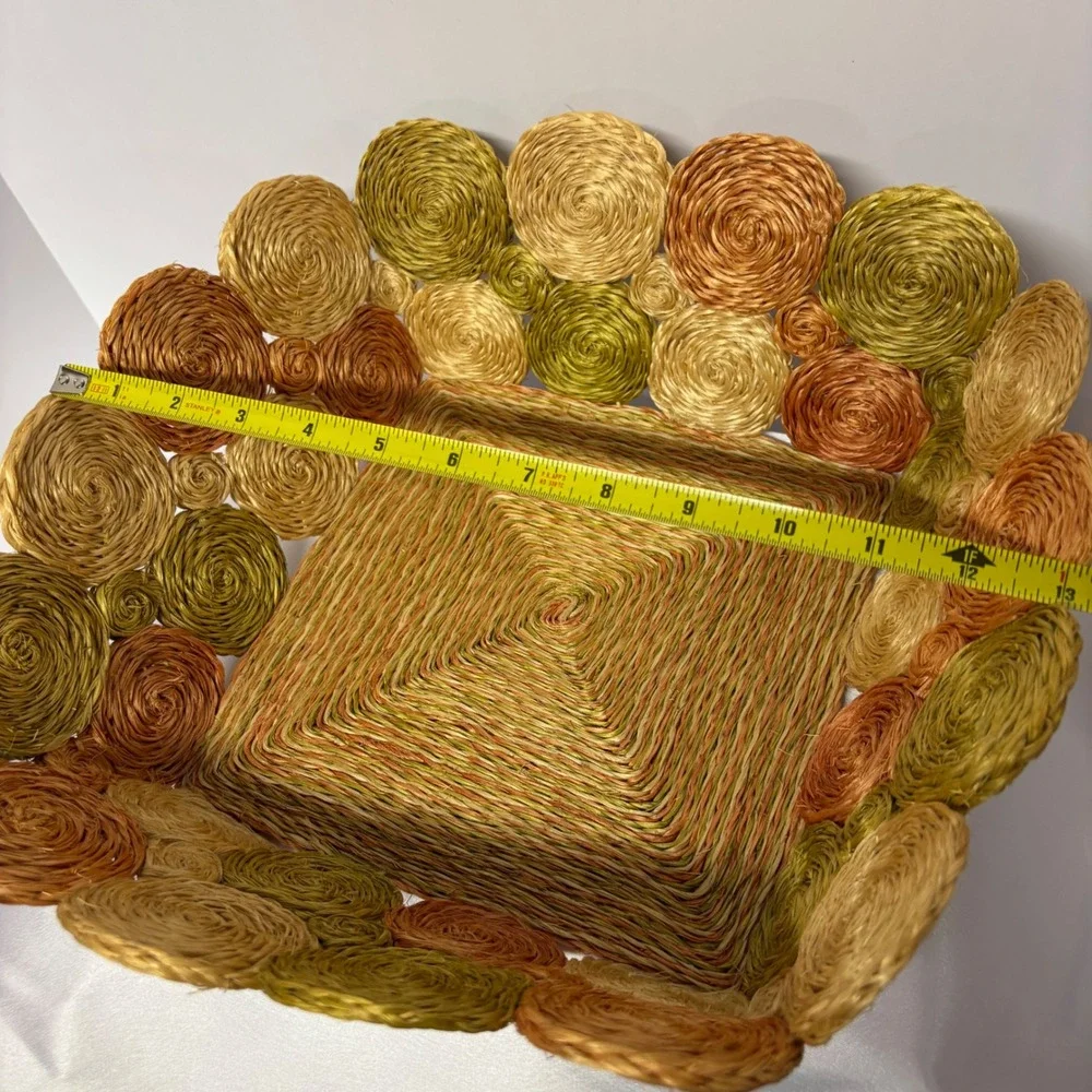 Vintage‎ Raffia Square Tri-Color Storage Basket Woven Orange Green Brown